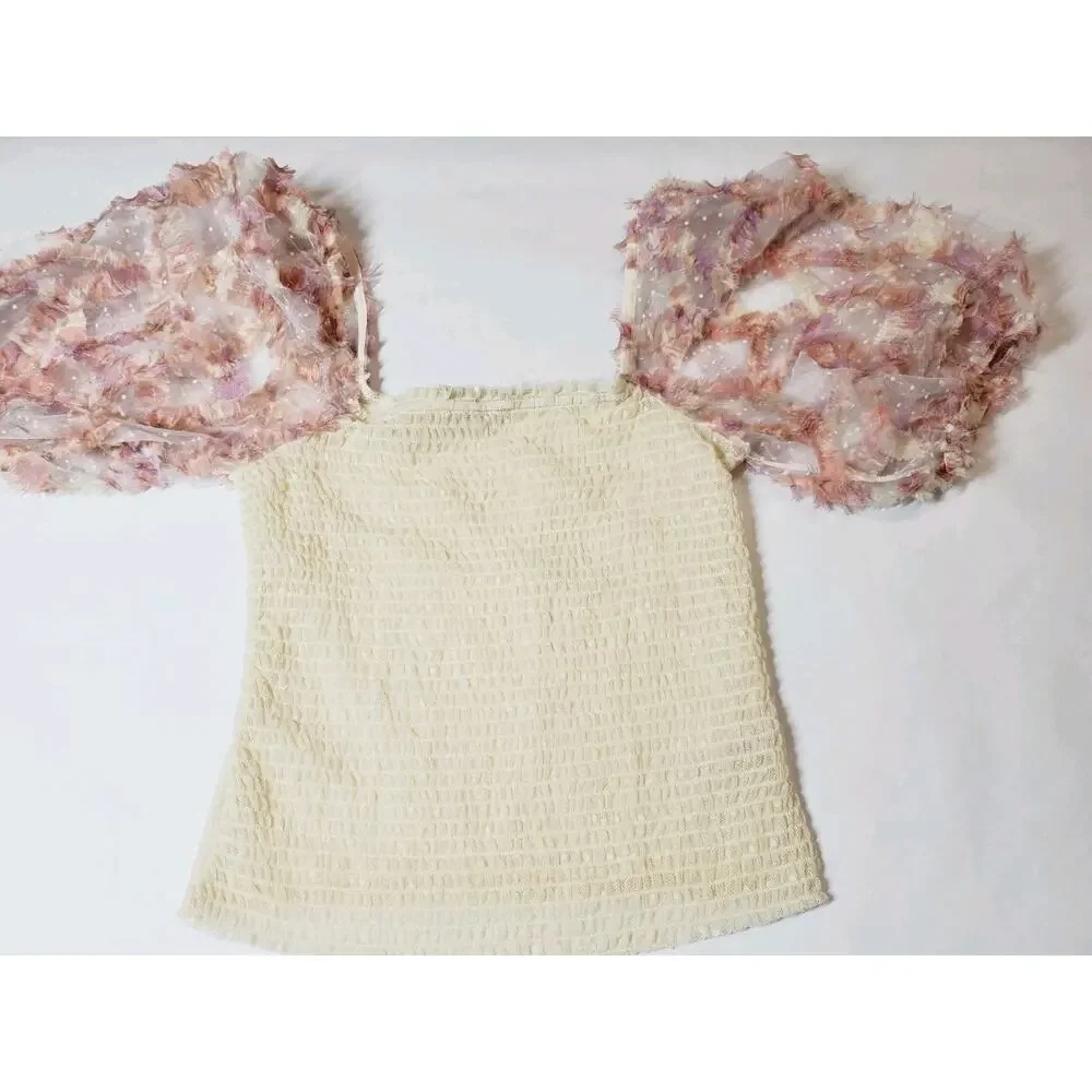 Free People Womens Top Medium Silverlake‎ Picnic Smocked Puff Sleeve